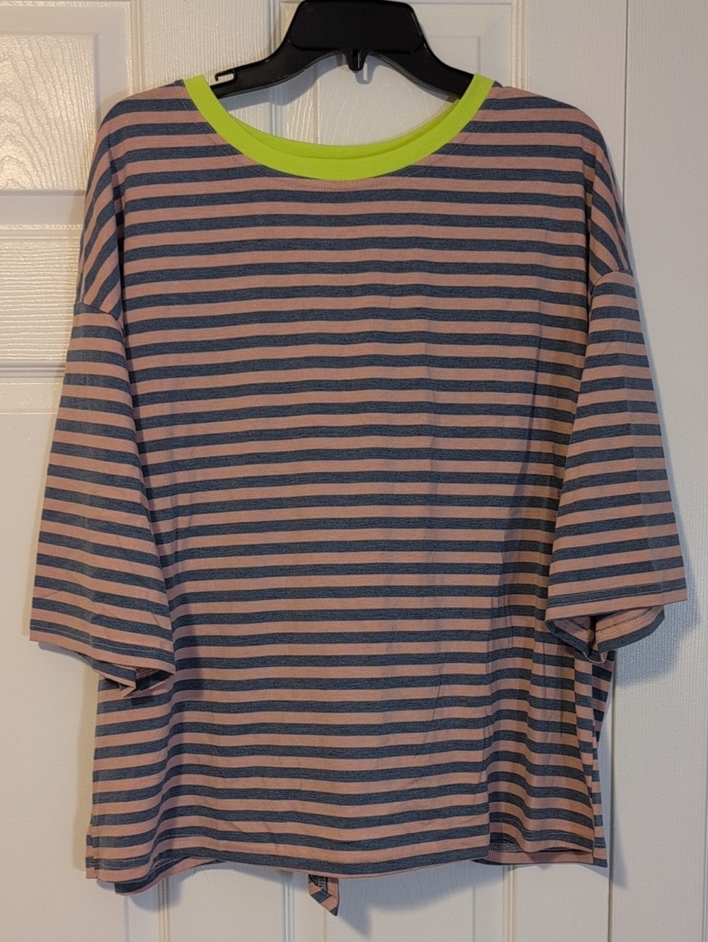 Women's Striped Oversized Tee with Neon Trim - Pink & Blue With Back Cutout